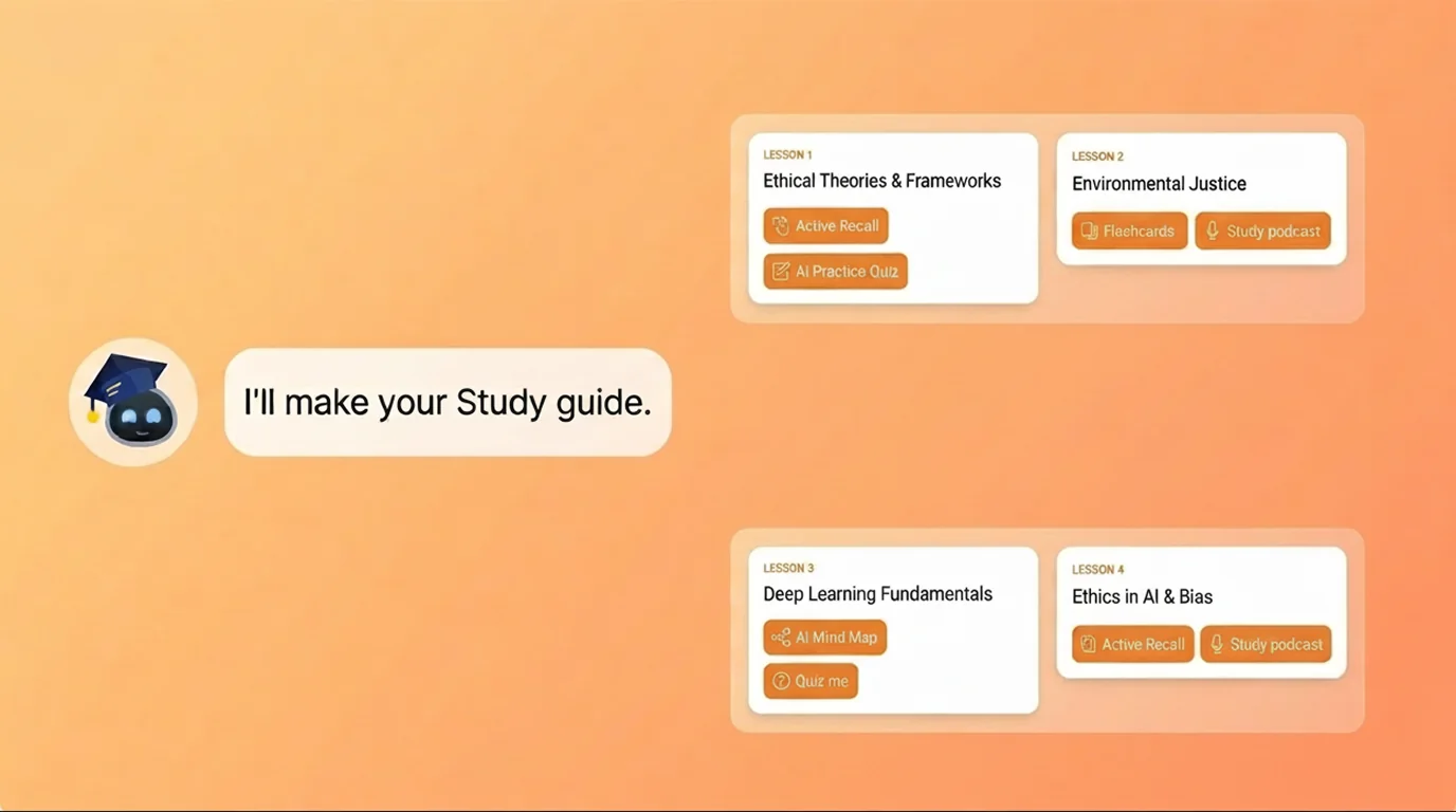A Mindko study guide splitting uploaded material into ordered lessons, each with its own study activities